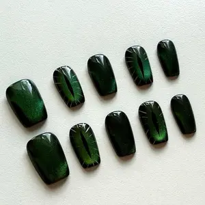 Green Cat Eye Press On Nails – Reusable Medium Ballerina Dragon Style