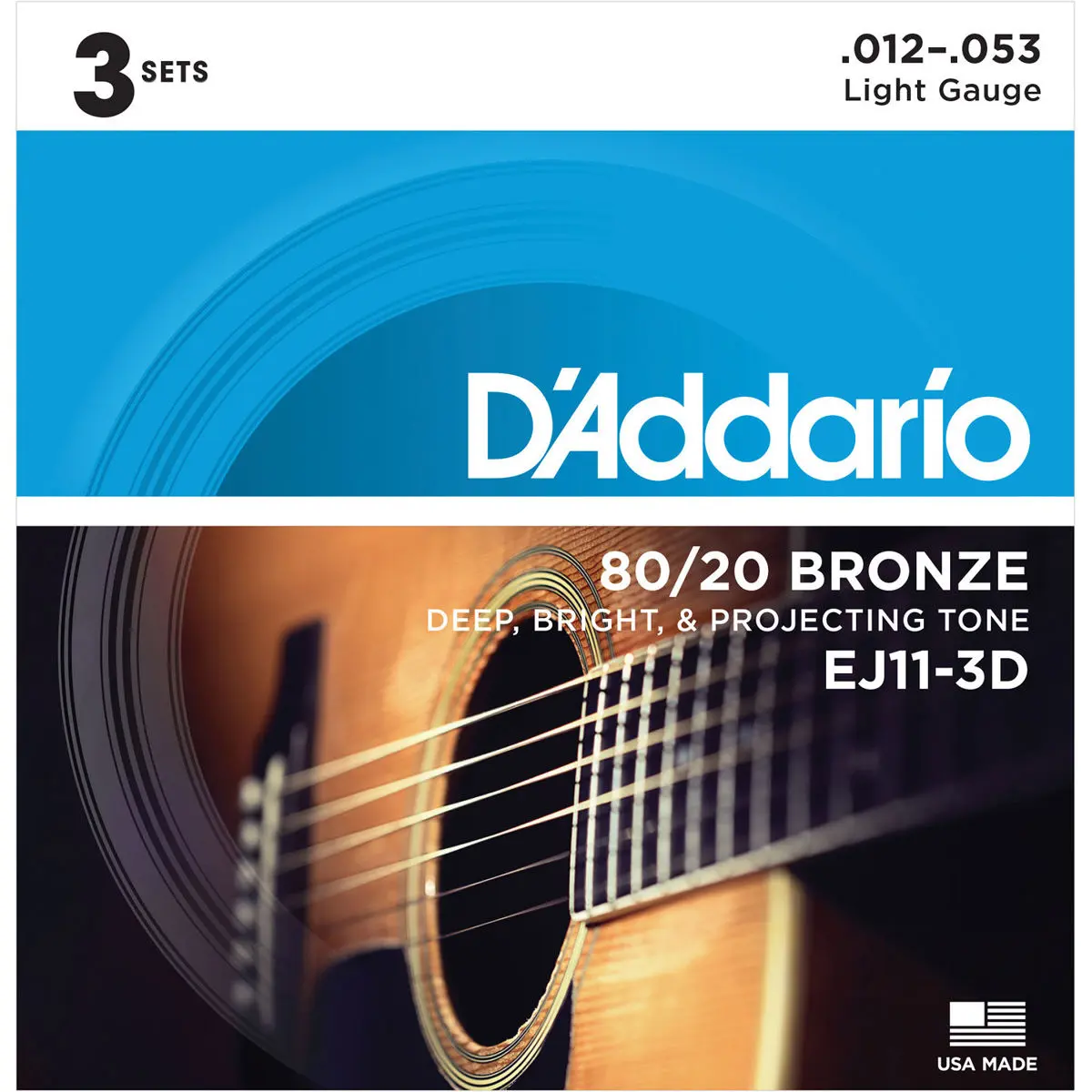 D'Addario EJ11 80/20 Bronze Acoustic Guitar Strings Set, Regular Light, 12-53 Gauge, 3-Pack