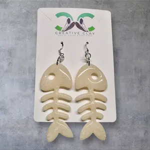 Fish Bone Dangle Earrings | Handmade Polymer Clay Jewelry | Boho Beach Western Earrings | Sterling Silver .925 Hooks | Lightweight Statement Earrings | Unique Gift for Her