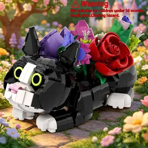 Cat Eternal Rose Bouquet Building Block,Creative DIY Gift for Home Decor&Ideal Gift for Cat&Rose Lovers&Birthday/Valentine, Building Blocks Model
