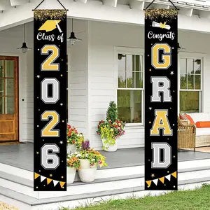 Graduation Decorations 2026 GRAD Banner Black Porch Door Sign Welcome Banner for Indoor Outdoor Wall Graduation Decorations Class of 2026 Labrostar