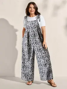 Women's Plus Size Long Sleeveless Animal Leopard Print Straight Leg Jumpsuit Overalls, Loose Wide Leg Pants with Pockets and Strappy Adjustable Knot Straps, Summer Casual Date Style