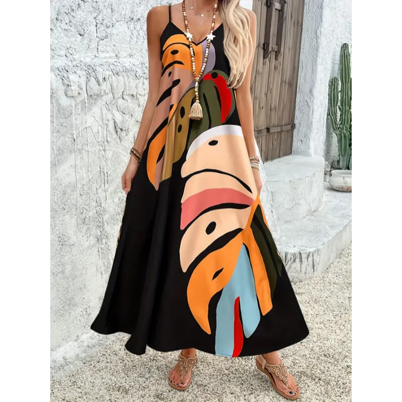 Women's 100% Polyester Lightweight Tropical Leaf Print V-Neck A-Line Swing Midi Sundress - Elegant Casual Wear for Vacation, Black Chic Fabric, Lady, Swing Dress, Tropical Print