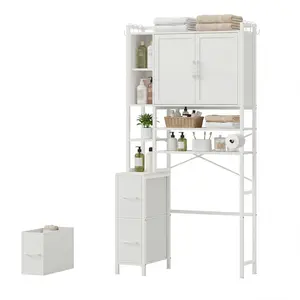 Sikaic 7-Tier Over the Toilet Storage Cabinet with 2 Drawers, Bathroom Over Toilet Storage with 6 Hooks and Toilet Paper Holder for Laundry Room