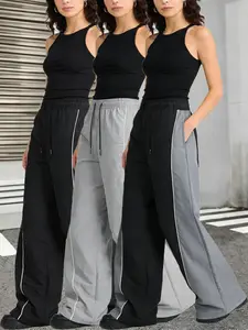 3-pack women’s wide-leg parachute athletic pants with side stripes, high waist, street style, long length, drapey fabric, lightweight and breathable—suitable for outdoor and indoor wear