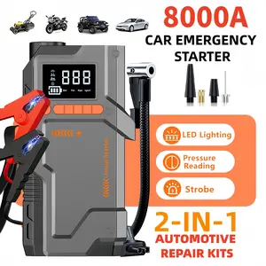 Multifunctional car emergency starter, Automotive tool kit, 2-in-1 car repair kit (8000A car start power supply and 180 psi air compressor), 12V/24V wireless charger, equipped with alligator clip and inflation accessories, car emergency rescue tool