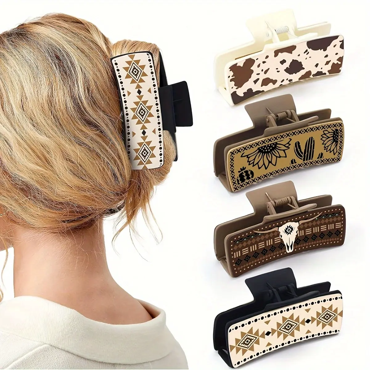 4/6pcs Western Denim Style PU Leather Hair Clips - Vintage Southwest Design with Bull Head & Sunflower Patterns, Large Rectangular Shark Clips for Women, Mixed Colors for Mother’s Day Gifts, Casual & Western Outfits, Western Hair Clips