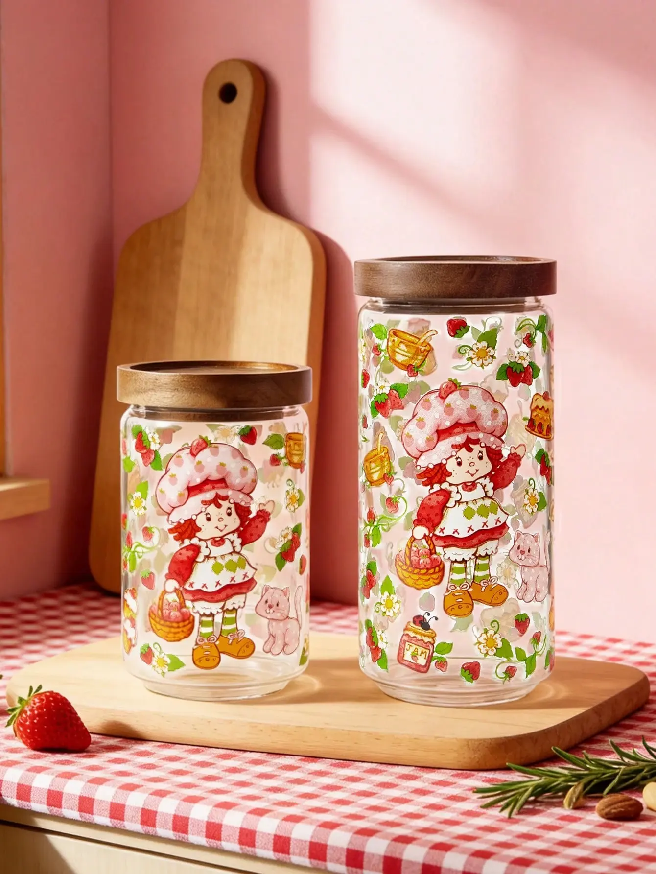 Strawberry Shortcake Cartoon-Printed Eco-Friendly Leak-Proof Borosilicate Glass Kitchen Storage Jar - Home Use Containers, 2 Sizes (25.4oz/750ml, 34.8oz/1030ml), Visually Appealing, Keeps Organized, Fun Addition to Kitchen for Dry Pasta, Grains, Two Sizes