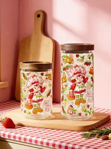 Strawberry Shortcake Modern Eco-Friendly Cartoon-Printed Borosilicate Glass Kitchen Canister, 2 Sizes (25.4oz/750ml, 34.8oz/1030ml), Ideal for Dry Pasta, Grains