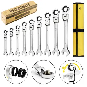 9-piece Flex Head Ratcheting Wrench Set, Anti-slip Set SAE 1/4-3/4 Inch, 72-Teeth, Cr-V Constructed, Silver Electrophoretic Coating With Bag