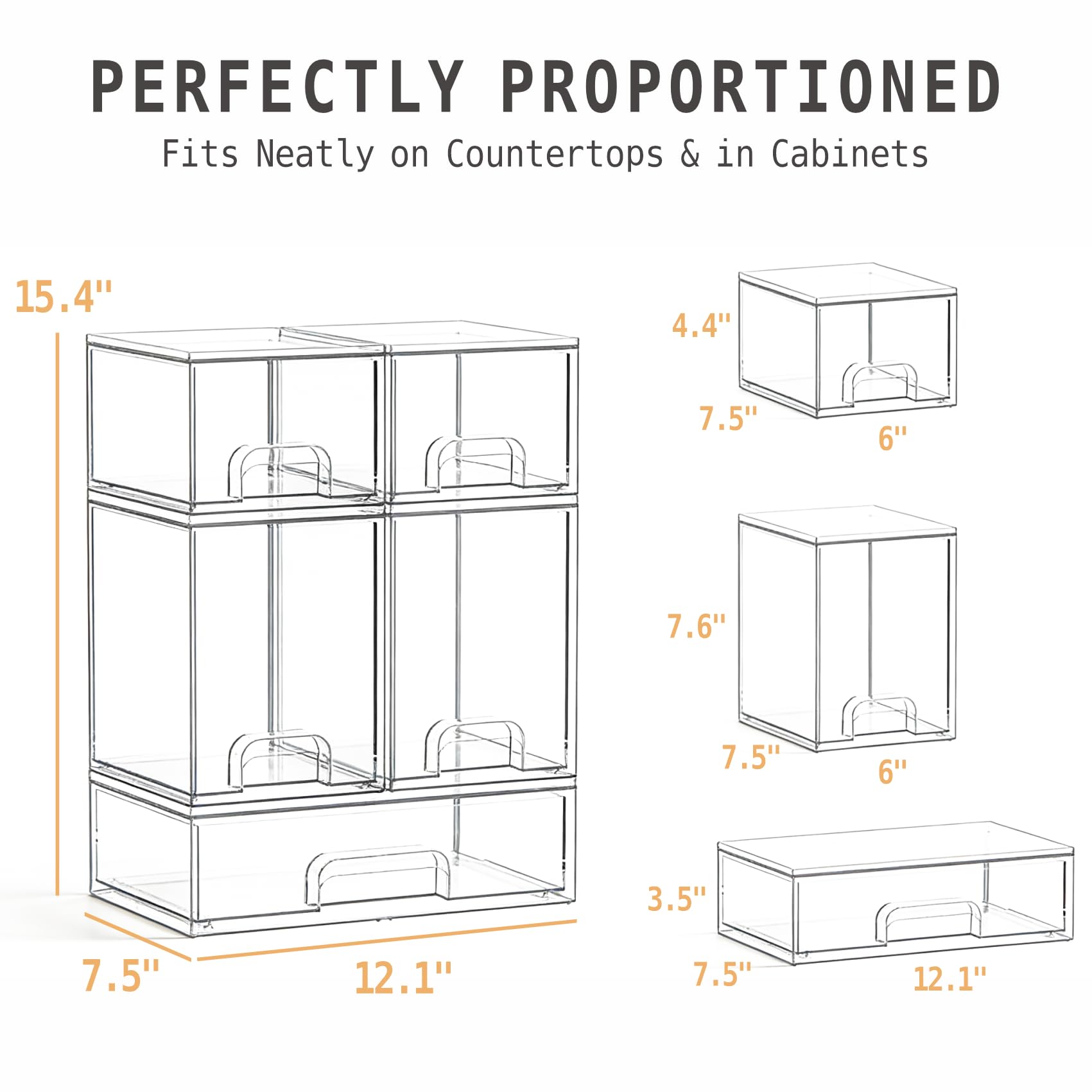Stackable Storage Drawers Set of 5, Clear Plastic Organizer Bins for Baby Bottle, Beauty Supplies Storage, Ideal for Kichen Countertop, Vanity, Bathroom, Cabinet, Pantry Organization