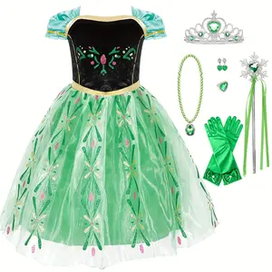LOEL Princess Anna Costume Green Dress Up Set with Crown Wand Gloves Accessories for Little Girls Ages 3-10 Christmas & Birthday Gifts