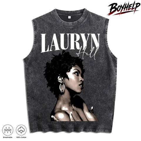 Cool Girl Printing, Versatile, Distressed vest Loose Fit, Casual Street Style,Men's Casual Crew Neck Sleeveless Washed Vest, Perfect For Summer Vacations.Features A Stylish Print And Y2K Street Style.An Excellent Gift For Boyfriends campingessentials Aest
