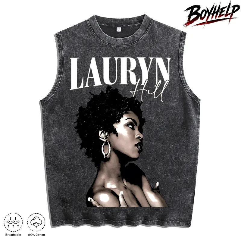 Cool Girl Printing, Versatile, Distressed vest Loose Fit, Casual Street Style,Men's Casual Crew Neck Sleeveless Washed Vest, Perfect For Summer Vacations.Features A Stylish Print And Y2K Street Style.An Excellent Gift For Boyfriends campingessentials Aest