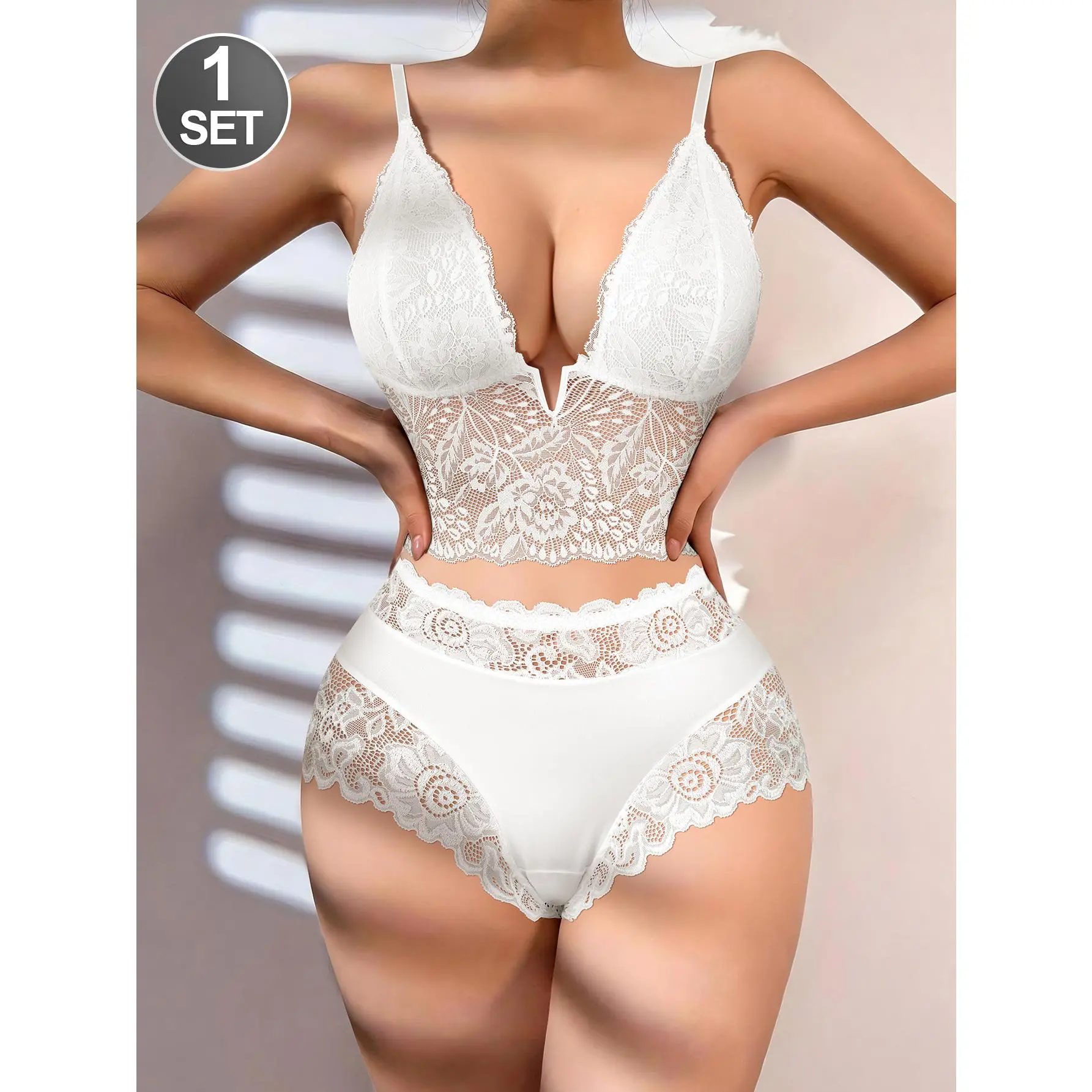 QUASTI 1 Set Wireless Lace Bralette & Panty Set, Deep V Lace Spliced Camisole Bra + Matching Lace Briefs, Soft Milk Silk Lingerie Set for Women, S-XXL