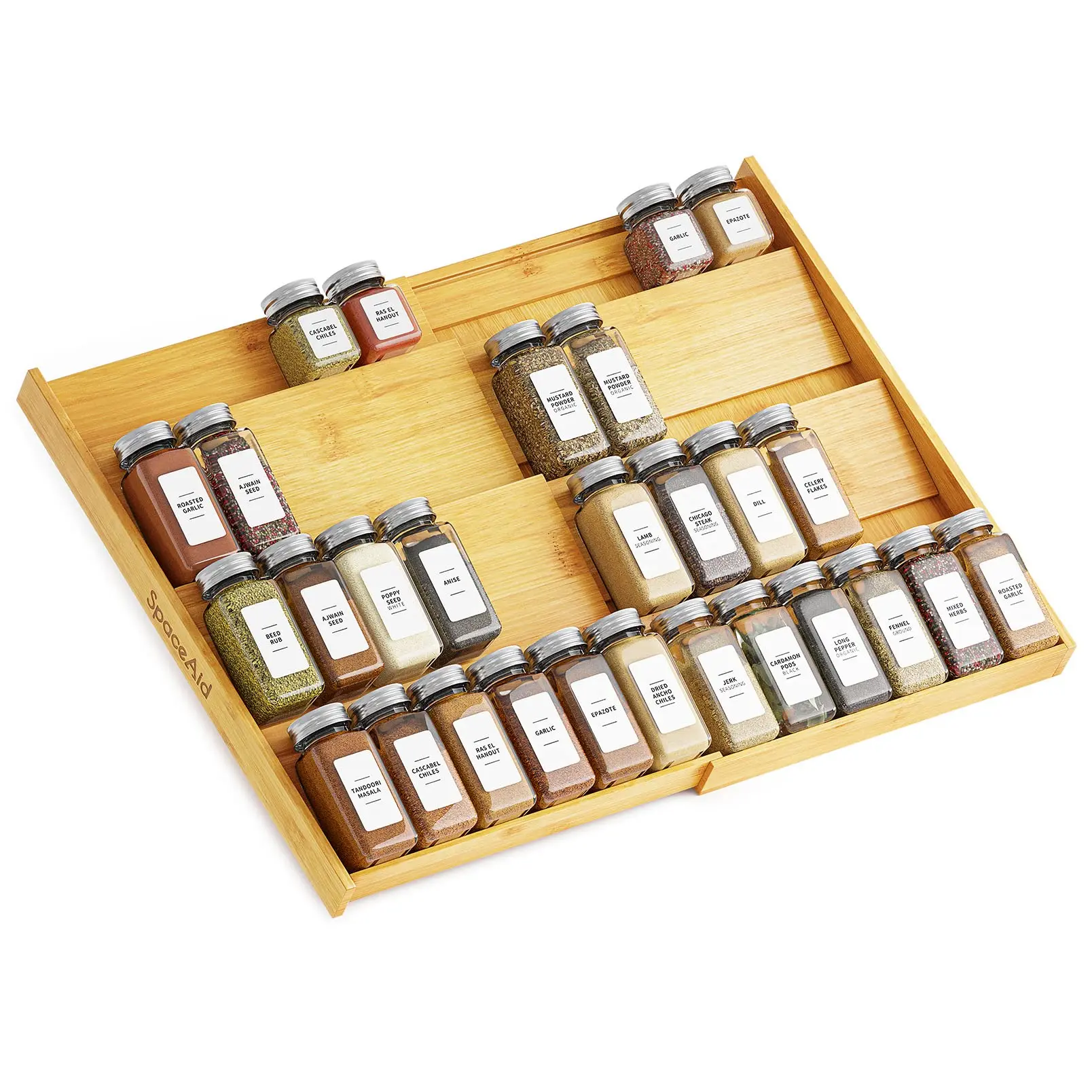 4 Tier Expandable Bamboo Spice Drawer Organizer, Adjustable Kitchen Seasoning Storage Rack, Fits 12" to 23" Wide Drawers, Requires 3" Drawer Depth, Jars Not Included