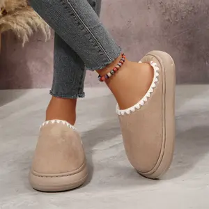 Women's Warm Fuzzy Slippers Scalloped Trim Slip-On Shoes, Cozy Fluffy Lined Clogs with Thick Sole Indoor Outdoor Shoes