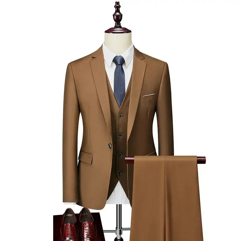 Slim Fit Men's 3-Piece Suit Set, Solid Color Formal Menswear for Business and Formal Events, Custom Sizing Available, Long Sleeve, Cotton