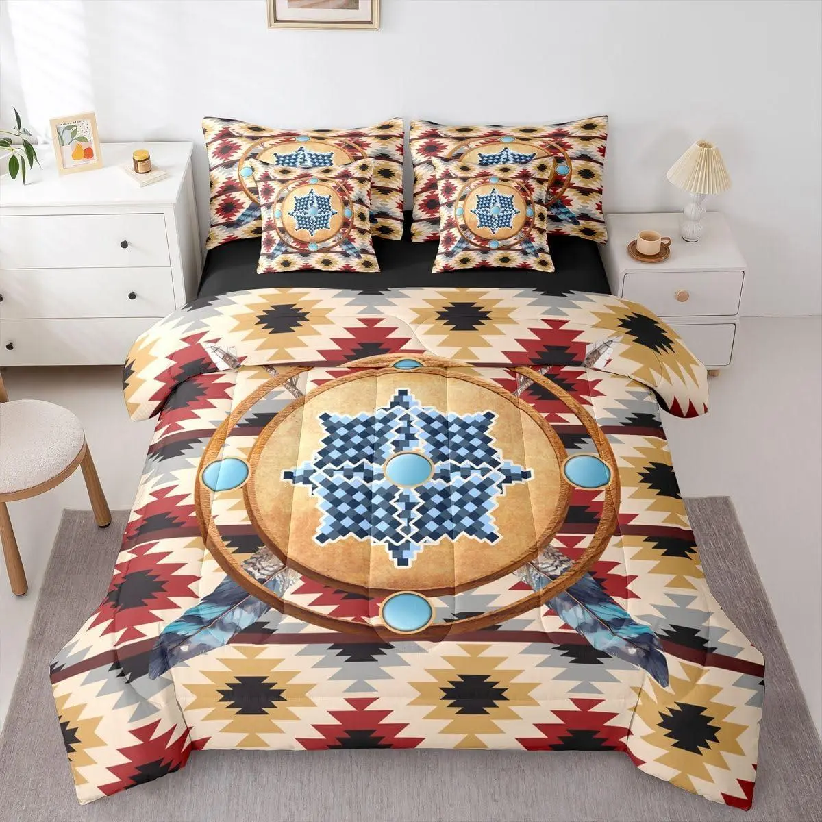 Aztec Bed in A Bag 7 Piece | Rustic Western Comforter Set,Antique Mysterious Bedding Set,for Kids Boys Girls Aesthetics Geometric Sheet Set with Comforter