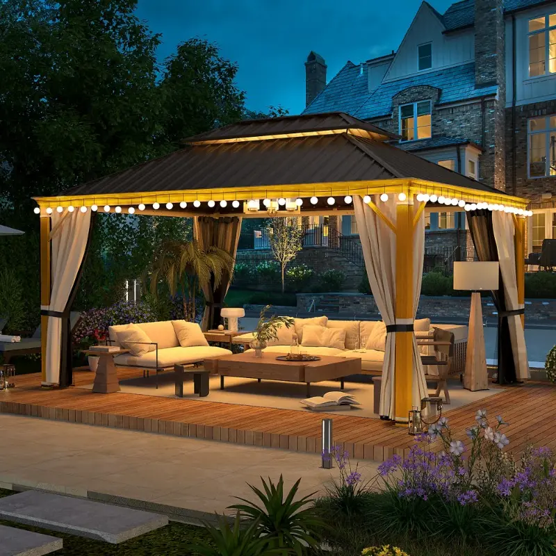 12' x 16' Hardtop Gazebo, Faux Wood Grain Aluminum Frame, Galvanized Steel Double Roof with Netting & Curtains for Backyard Patio