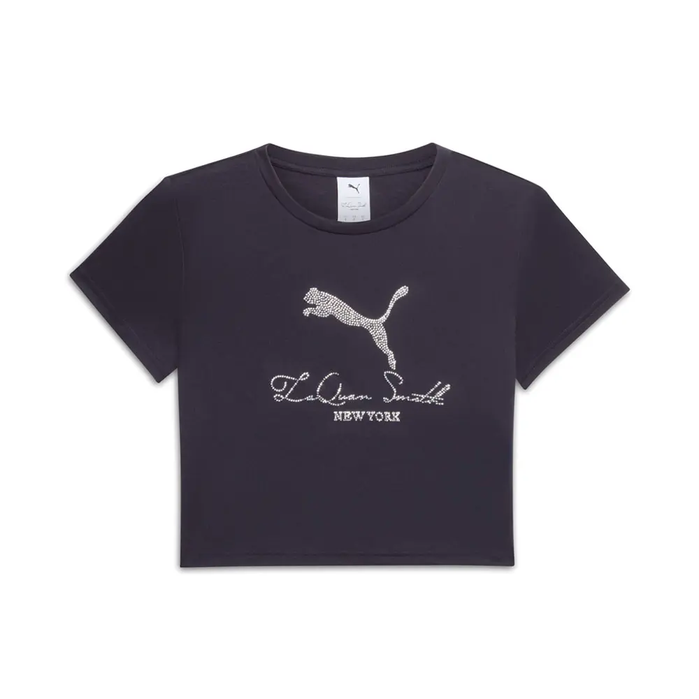 PUMA Womens Laquan Smith Graphic Rhinestone Baby Crew Neck Short Sleeve Casual Tops Casual - Blue