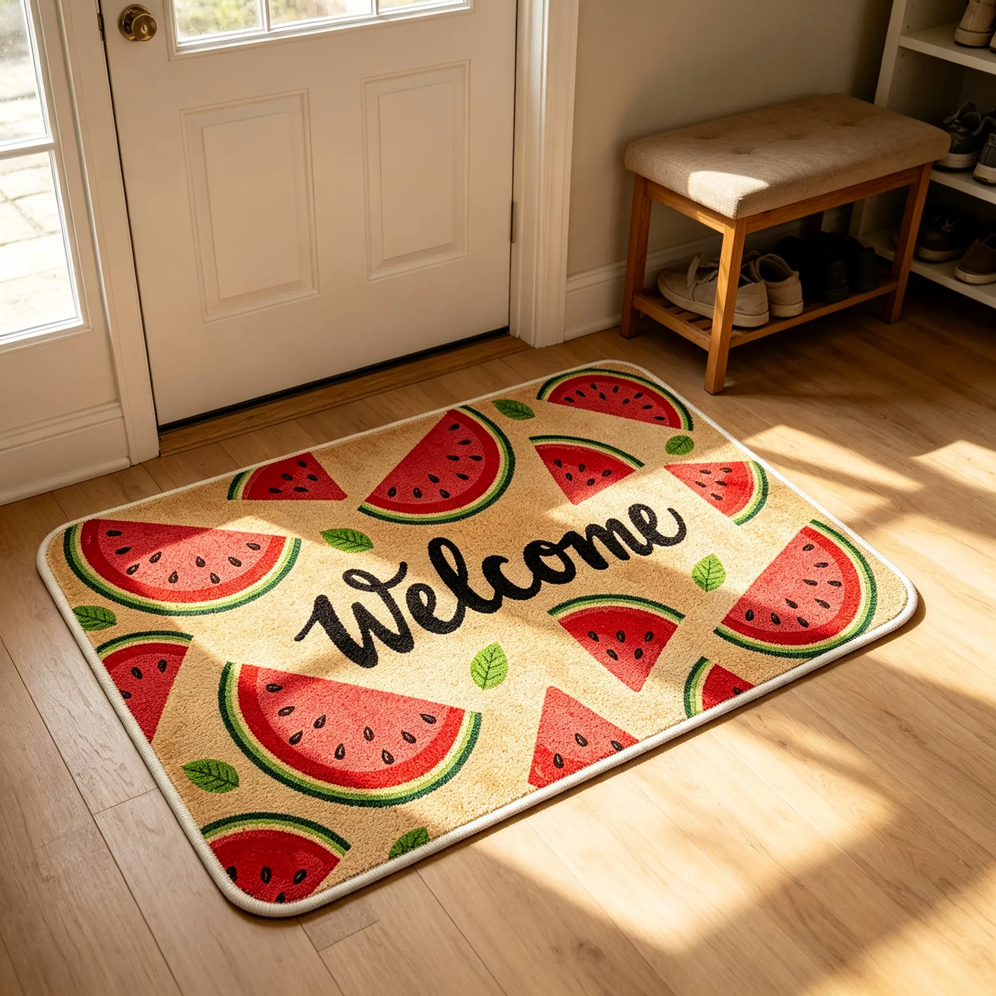 Summer Watermelon Fruit Print Rectangle Doormat, Non-Slip Rubber Back Entryway Decor, Washable Bright Mat for Front Door, Balcony Entrance Seasonal Home Supplies Bath Mat, Eco-Friendly Printing