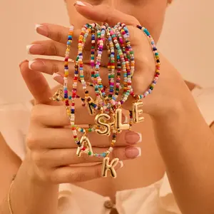 VRIUA Colorful Letter Necklace for Women Bubble Initial Letter Handmade Beaded Necklace Dainty Custom Cute Beach Boho Necklace for Valentine's Day Gift Modern Versatile Accessories