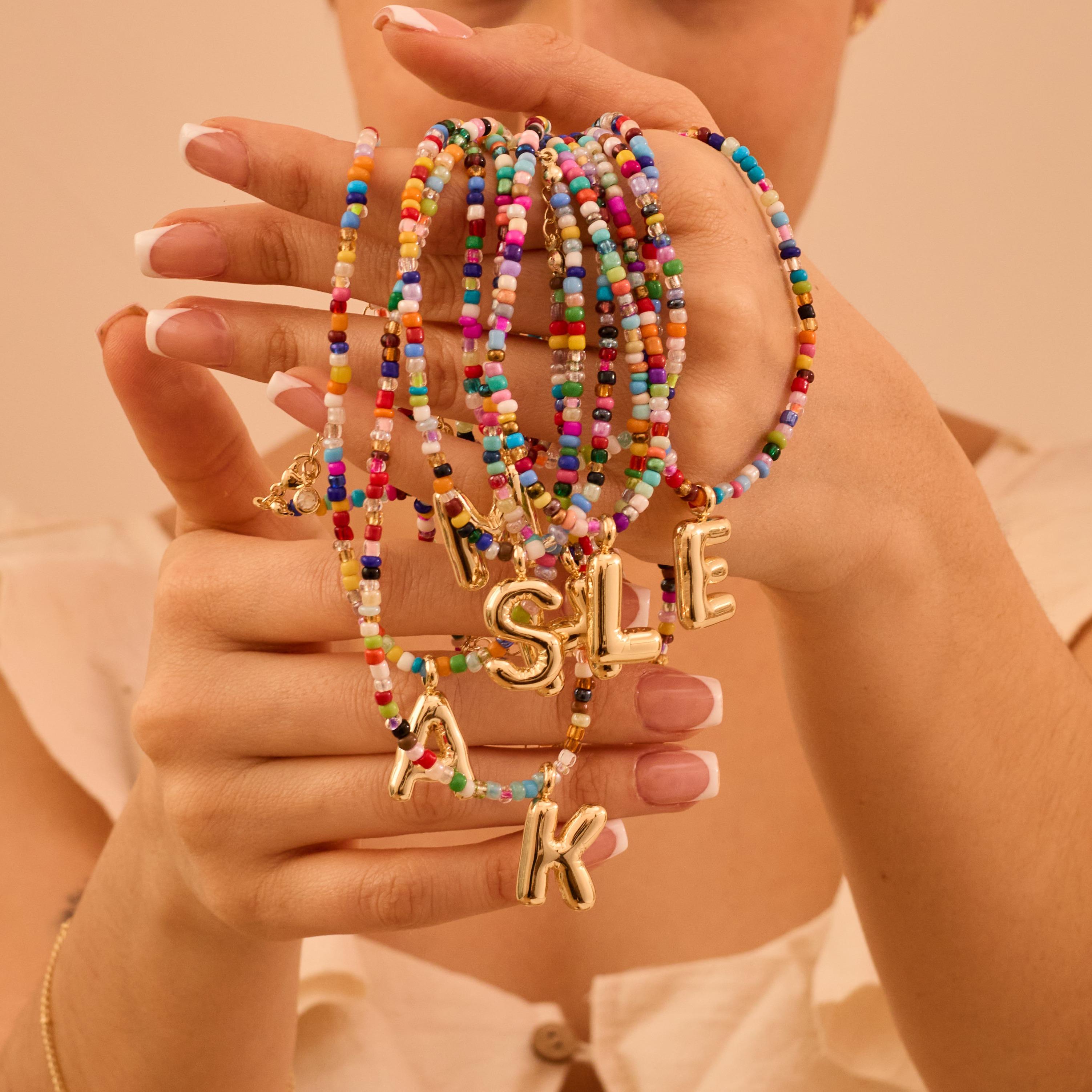 VRIUA Colorful Letter Necklace for Women Bubble Initial Letter Handmade Beaded Necklace Dainty Custom Cute Beach Boho Ne