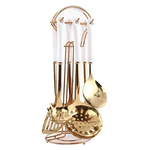 7-Piece Stainless Steel Kitchen Utensil Set – White and Gold Cooking Tools with Hanging Rack – Includes Slotted Spoon, Spatula, Pasta Server, Soup Ladle, and More – Elegant Cookware Set for Home Kitchens