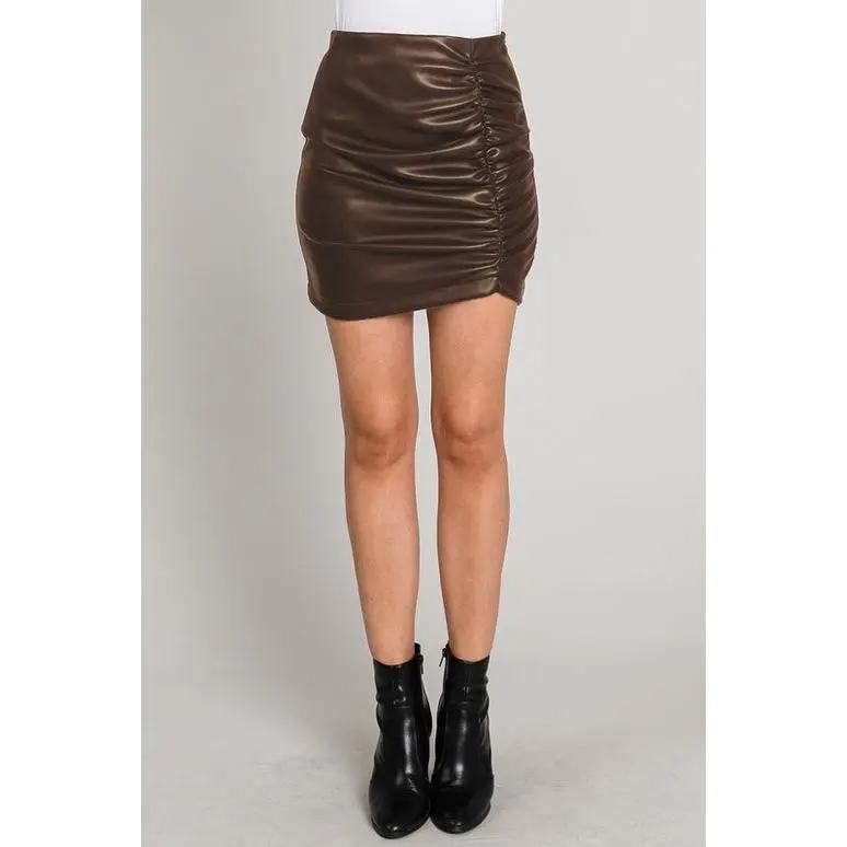 Brown Side Rushed Pleather Mini Skirt