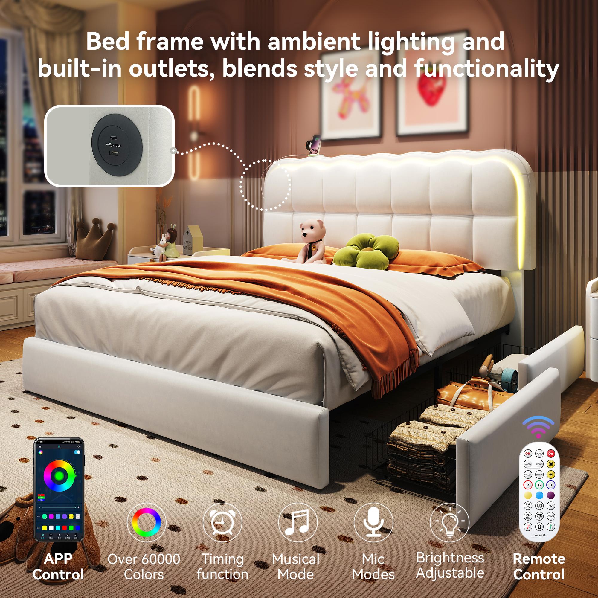 Queen Bed Frame with Headboard and LED Lights, 4-Drawer Storage, ,Charging Station, No Noise, Upholstered Fabric Platform Bed, No Box Spring Needed (Beige, Queen (U.S. Standard)) Queen Bed Frame with Headboard and LED Lights, 4-Drawer Storage, ,Charging Station, No Noise, Upholstered Fabric Platform Bed, No Box Spring Needed (Beige, Queen (U.S. Standard))