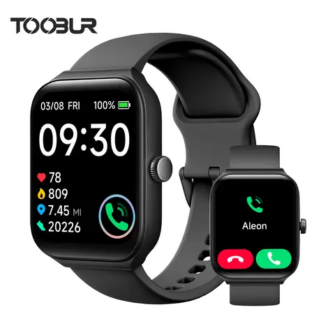 TOOBUR Silicone Smartwatch - 1.95" Screen, 3.8V Wireless Cool Gadgets Digital Fashion Tech, BT Call, Smart Voice Assistant, Sleep/Heart Rate Tracking, IP68 Waterproof, Step/Calorie Counter, 100 Sports Modes, Bluetooth Sync, for iOS&Android Men Women