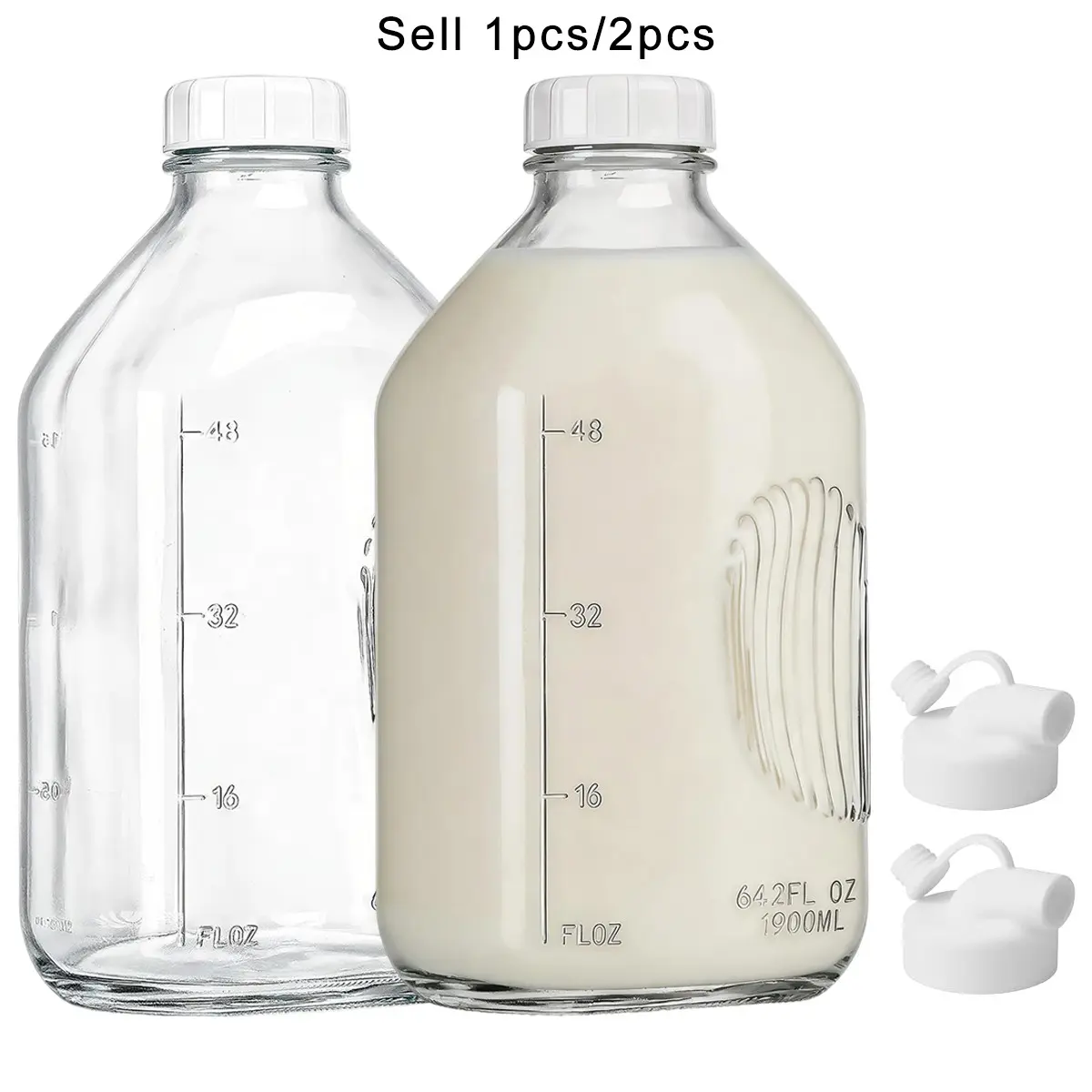 Glass Milk Bottle with Reusable Dispenser Lid and Seal Cap, 64oz Glass Water Jug with Measurement Marks, Cute Style, Clear Glass Bottles, Refillable Water Bottles, Drinkware