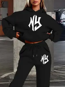 Women's Hooded Sweatshirt Set, Fall Winter Warm Letter Print, Vintage American Street Style, Fitted Jogger Pants, Casual