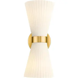 Gold Sconce Wall Lighting, HWH Single Wall Vanity Light Fixture Brushed Gold Wall Sconce Lamp, Modern Indoor Up Down Wall Light with Frosted Milk White Striped Glass Shade, 5HZG97B-2W BG