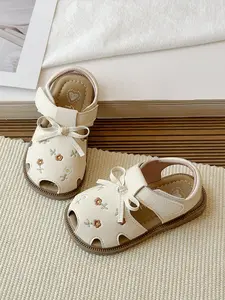Girls' Embroidered Flower Toe Post Sandals, Sweet Farmhouse Style, Magic Tape Easy On/off, Anti-Slip Soft Sole, Baby Walking Shoes