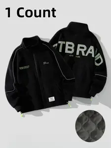 Sporty Men's Letter Embroidery Patched Zip Up Fuzzy Jacket, Sports Long Sleeve Drawstring Stand Collar Outerwear for Fall & Winter, Men's Sportswear for Daily Wear
