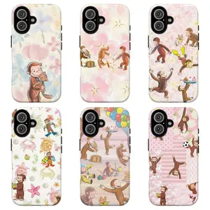 FL-Curious Georgeee Pastel Floral Phone Case,Cute Cartoon Monkey Phone Case,Multicolor Monkey Collage with Balloons and Treats Protective Cover  For iPhone 11 12 13 14 15 16 17 Air Pro Max for Samsung S26 S25 S24 S23 S22 S21 Case,Gift for her/him