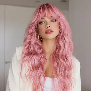 26 Inch Pink Wavy Wig with Bangs Long Body Wave Synthetic Wig for Women Natural Loose Wave