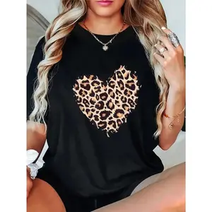 Leopard Cheetah Animal Print Heart T-Shirt Casual Short Sleeve Shirt