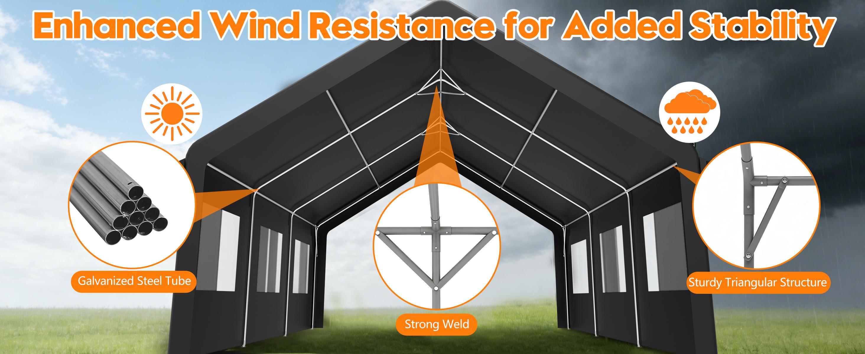 MNLR 20' x 20' Carport Canopy, Portable Garage with Side-Opening Door, Roll-Up Windows and 4-Hole Base, Black