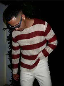 Men's Fashion Comfortable Breathable Knit Long Sleeve, Casual Vacation Style Colorblock Striped Hollow Out Round Neck Pullover, Knitwear