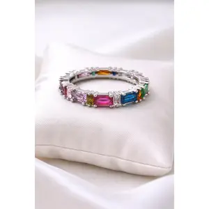 VVS CZ Multicolor Eternity Ring – 14K White Gold Filled Size 8 Baguette Stone Band