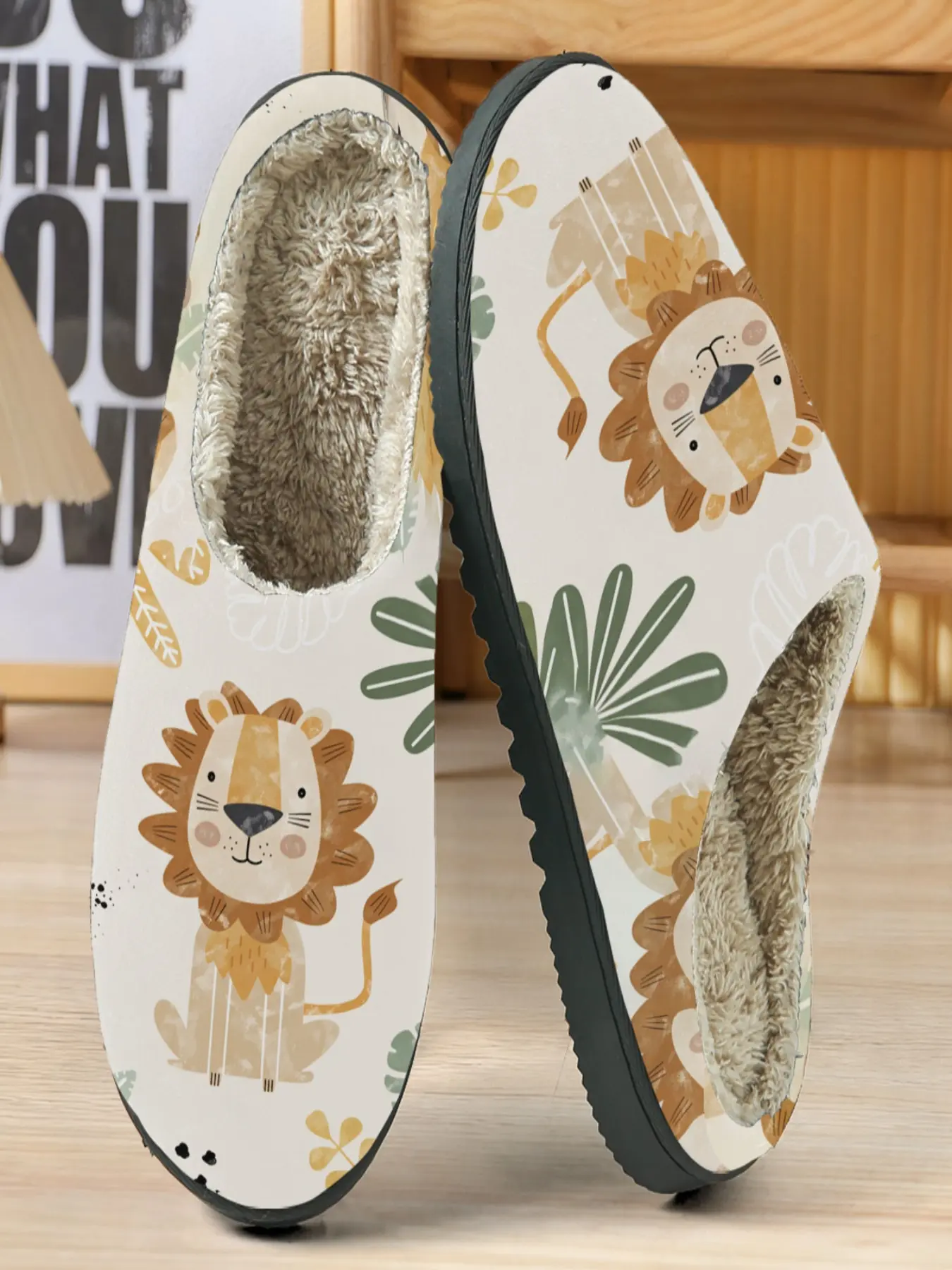 Cute Lion Cotton Slippers, Light Bottom with Cartoon Lion & Tropical Plant Pattern, Soft Plush Lining, Casual Home Wear