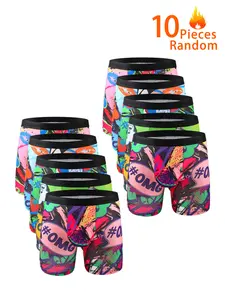10-Pack Long Men's Boxer Briefs, Trendy Graffiti Print, Soft High-Elastic, Random Patterns, Casual Style Underwear, Youthful Four-Way Stretch Underwear