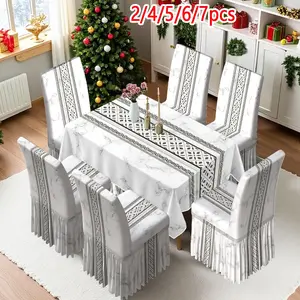 2/4/6/5/7 pieces of fashionable and high-end chair cover and tablecloth sets, thickened chair cover and tablecloth sets (1 tablecloth + 4 chair covers or 1 tablecloth + 6 chair covers), easy to care for, reusable, for home decoration