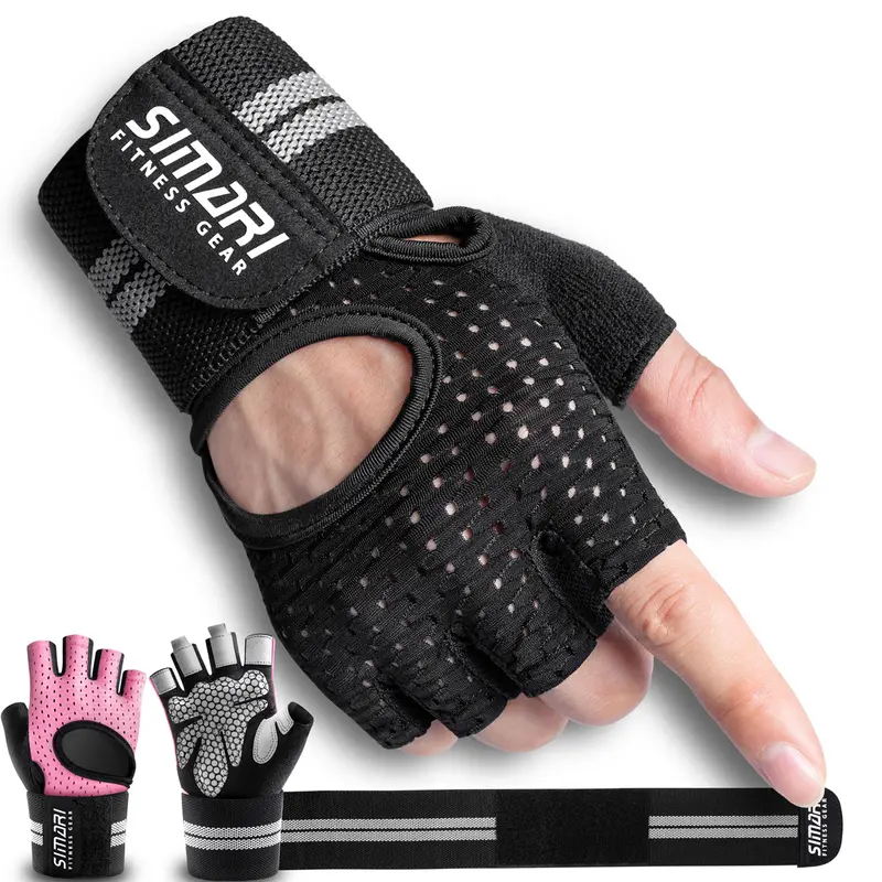 Gym Gloves, Half-Finger Breathable Workout Gloves for Men Women, Padded Weight Lifting Gloves with Wrist Wraps Support, Full Palm Protection, Gym Training SG902