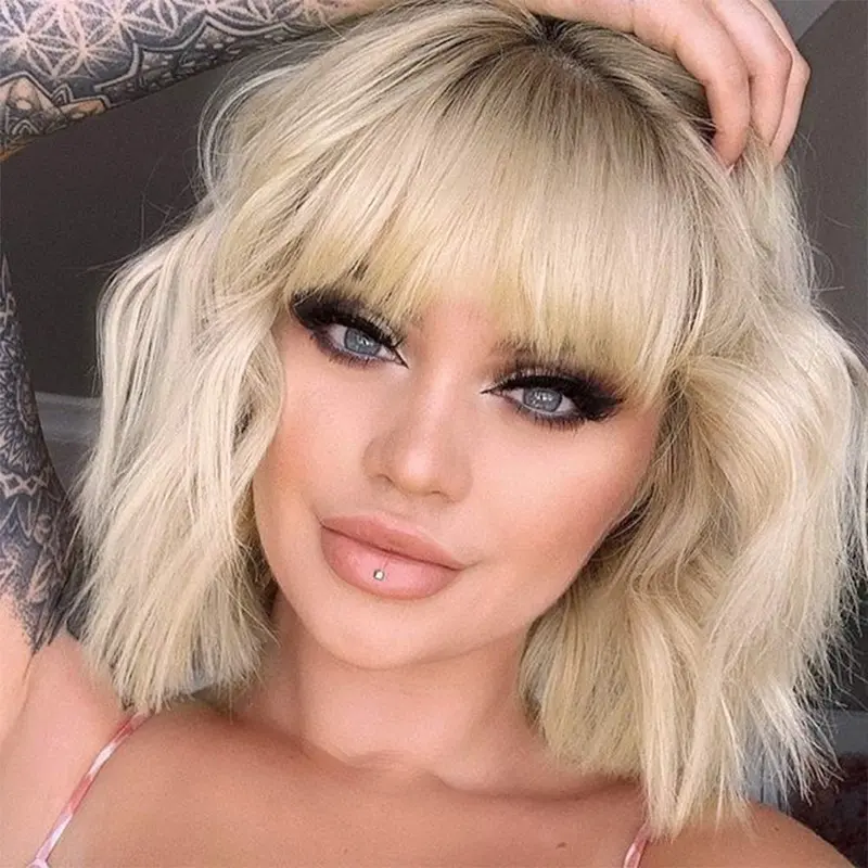 Xinran Short Ombre Blonde Wigs Wavy Bob Wig with Bangs Women Synthetic Curly Pastel Bob Wig for Girl Colorful Cosplay Wigs