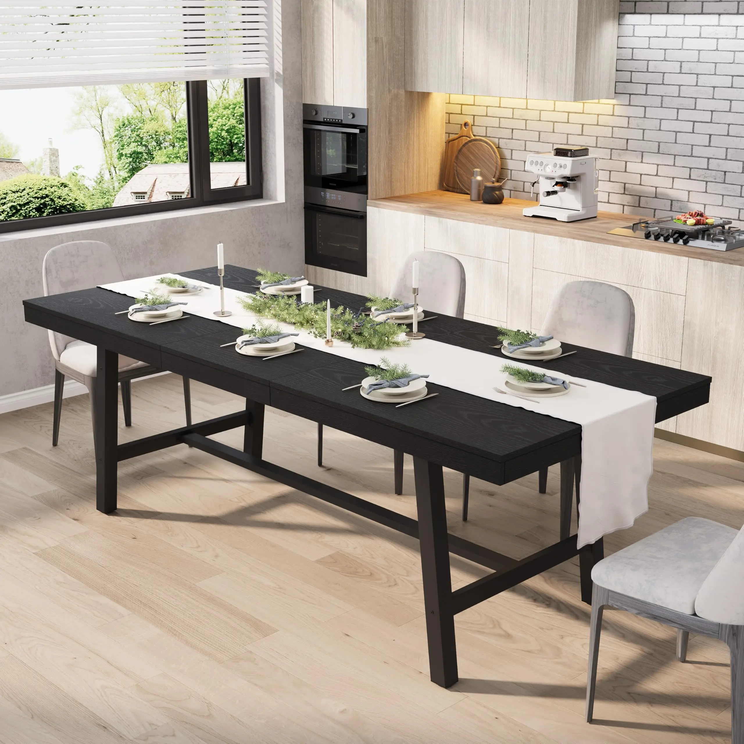 Industrial Extendable Rectangular Dining Table - 63-83" Size, 6-8 Seats, Heavy Duty Metal Frame, Wood Top, Easy Setup for Kitchen Use, Convertible Table Dining Room Furniture
