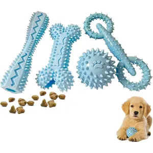 4 Pack Puppy Toys for 2-8 Months Pets Dog Chew Toy for Small Puppies Teething Toys for Cleaning Teeth Food Dispensing Soft Durable Rubber Bone Funny Ball Interactive Donut Treat Dumbbell (Blue)